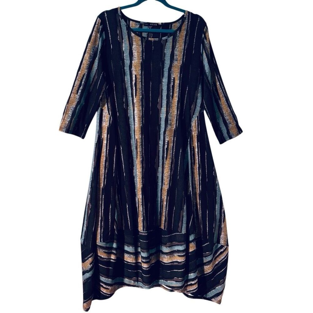 Kozan L balloon hem 3/4 sleeve abstract stripe print dress EUC